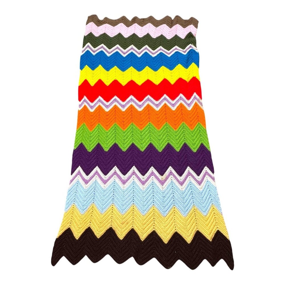 Vtg Rainbow Chevron Afghan Blanket Handmade Crochet Sofa Throw Zigzag Pattern